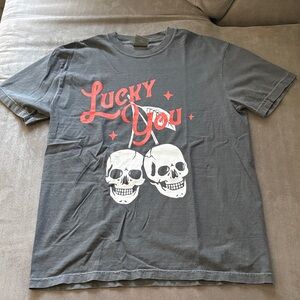 Gray T-Shirt with Skull and Red 'Lucky You' Print - NEW!!